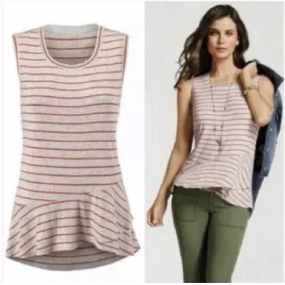 Cabi Gray Grey Orange Stripe Peplum Ruffle Tank Shirt Sleeveless Top 533 Sz S - Picture 3 of 7